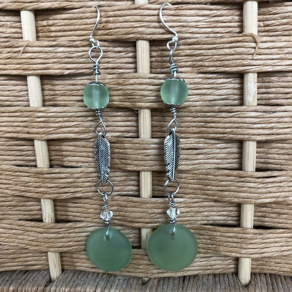 handcrafted Jewelry - Handcrafted teal sea glass leaf drop earrings NEW
